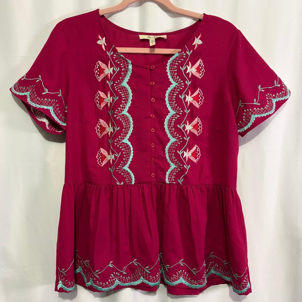 Ella Moon Magenta Pink Embroidered Peplum Top Short Sleeve Boho Blouse Medium